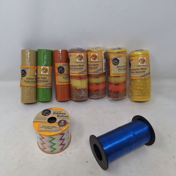 Fall Mesh Decorative Ribbon Bundle Of 9 Crafts Multicolor Glitter Halloween - Picture 9 of 9